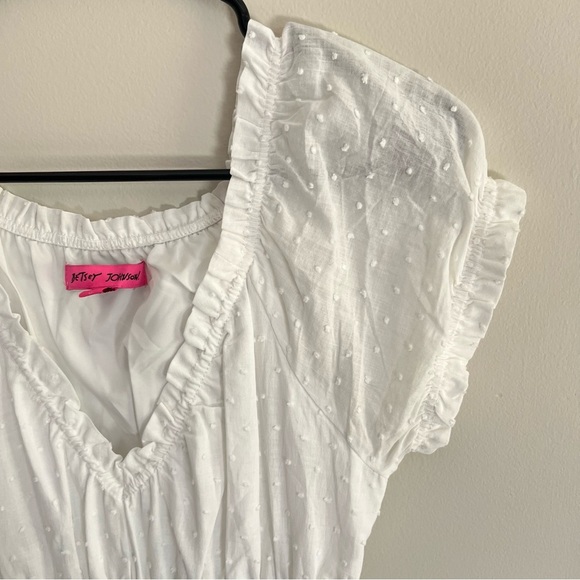 Betsey Johnson White Maxi Dress SZ M Swiss Dot Smocked Waist Boho Ruffle Cottage - Picture 4 of 11